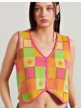 THE RAGGED PRIEST CROPPED FLORAL KNIT PATCHWORK MULTI COLOR VEST WOMENS SZ SMALL